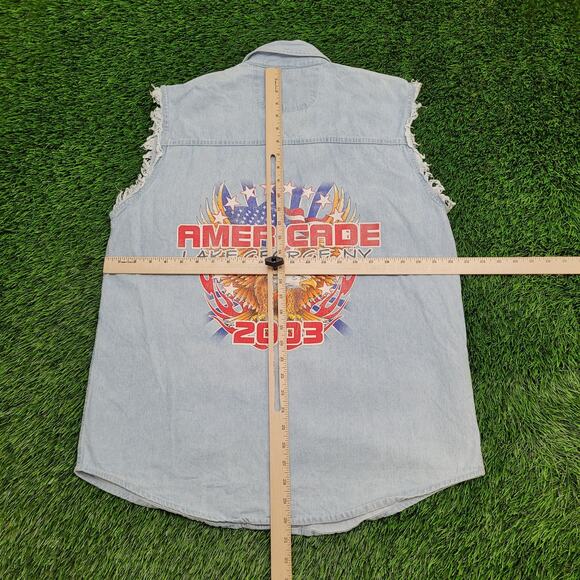 Vintage 2003 Americade Lake George NY Cutoff Denim Button Shirt Medium 22x30 - Picture 9 of 13